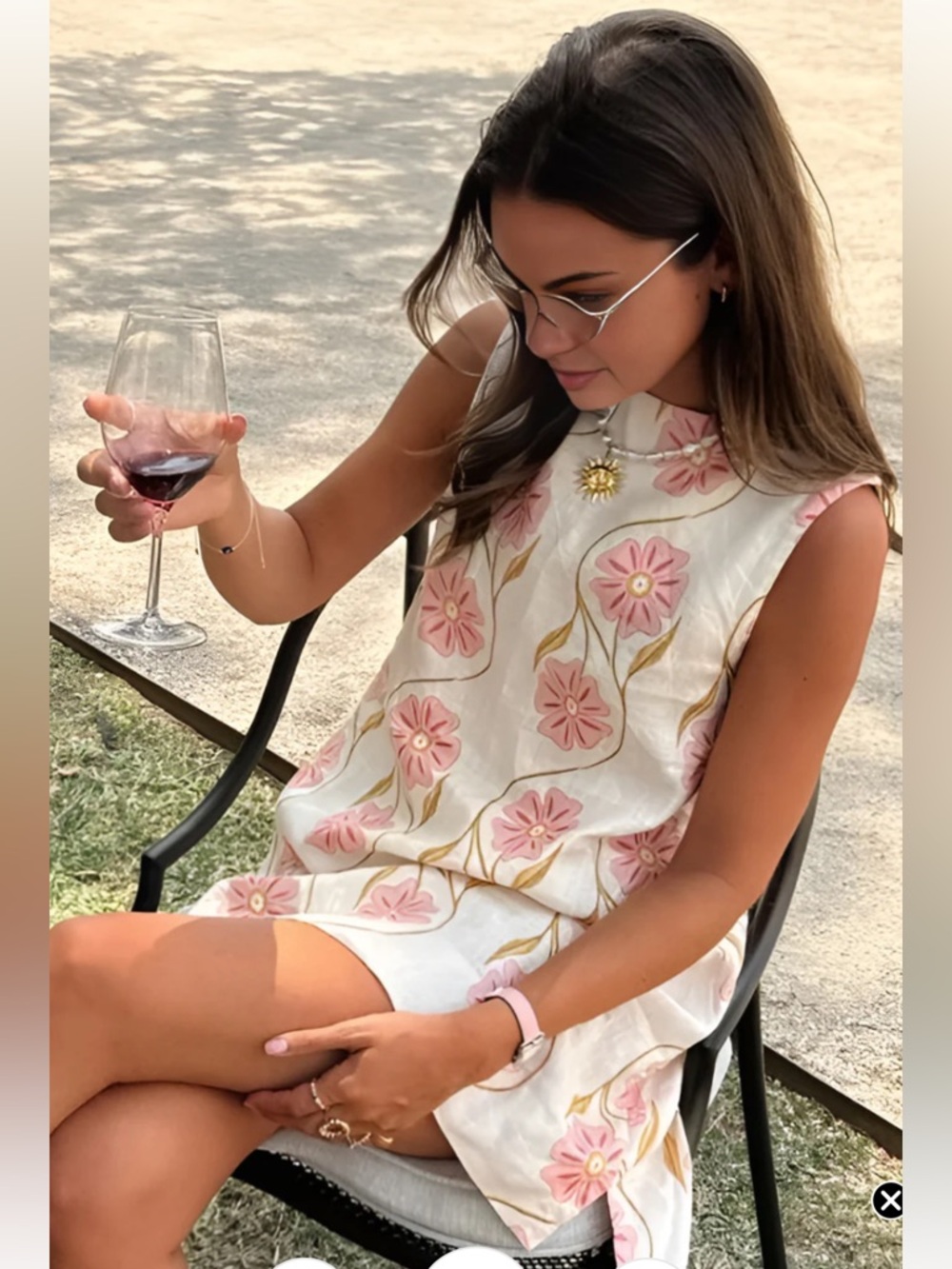 Sleeveless White Shift Dress with Pink Floral Linen-look